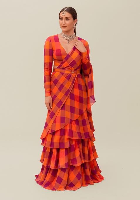 Orange Printed Pre Draped Saree Set