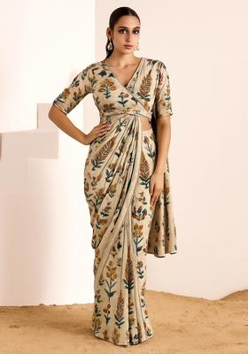 Beige Printed Chanderi Pre Draped Saree Set