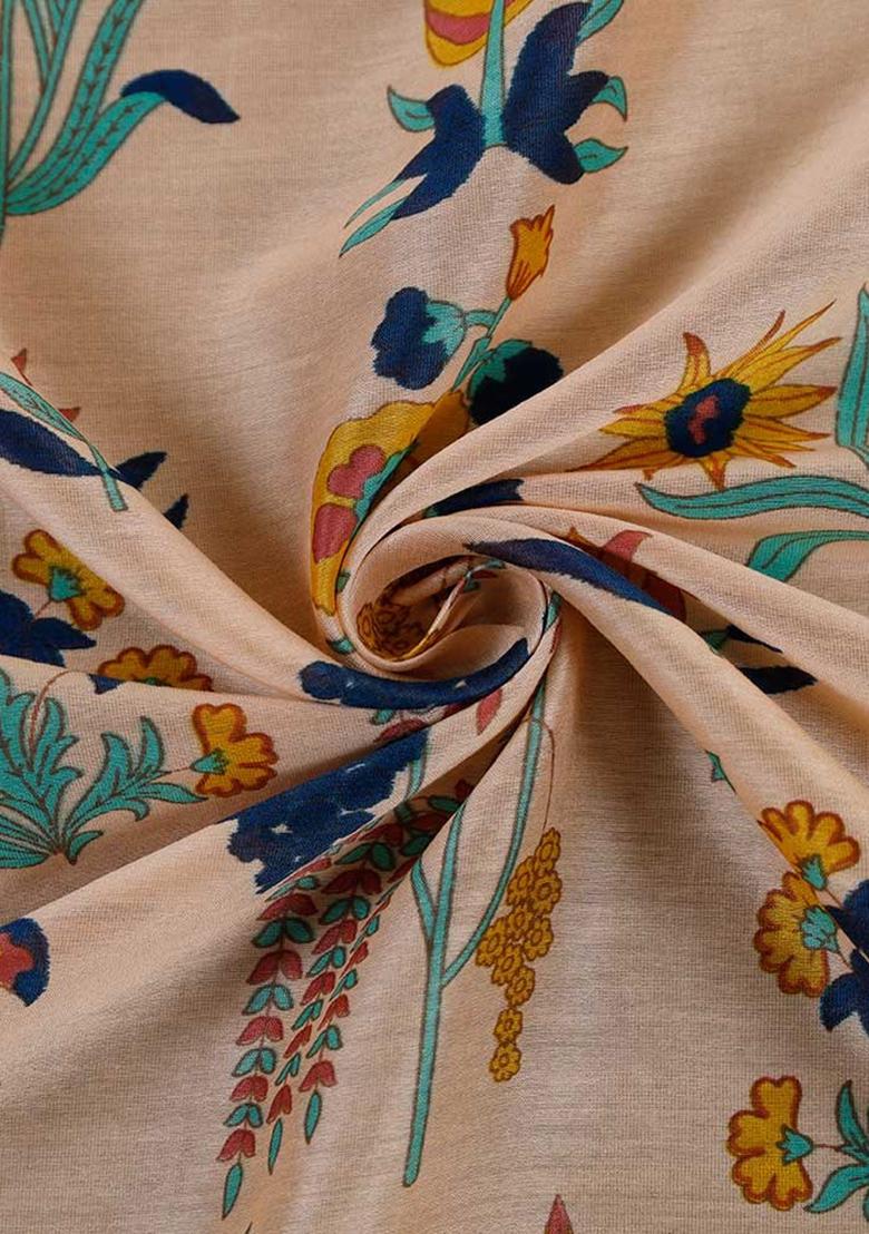 Beige Printed Chanderi Pre Draped Saree Set