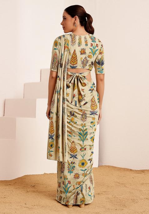 Beige Printed Chanderi Pre Draped Saree Set