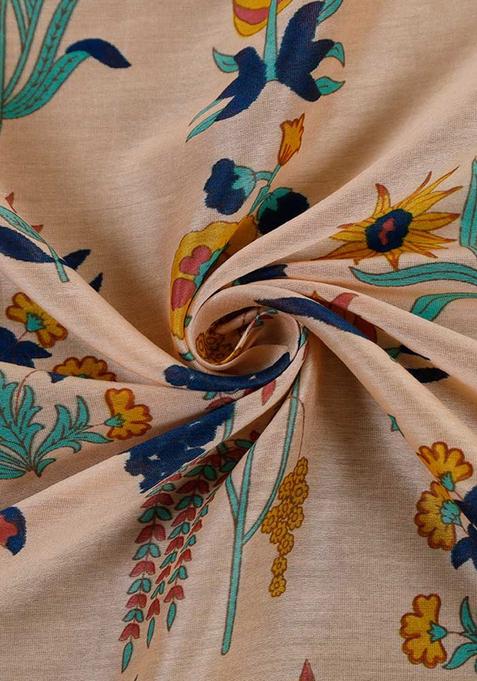 Beige Printed Chanderi Pre Draped Saree Set