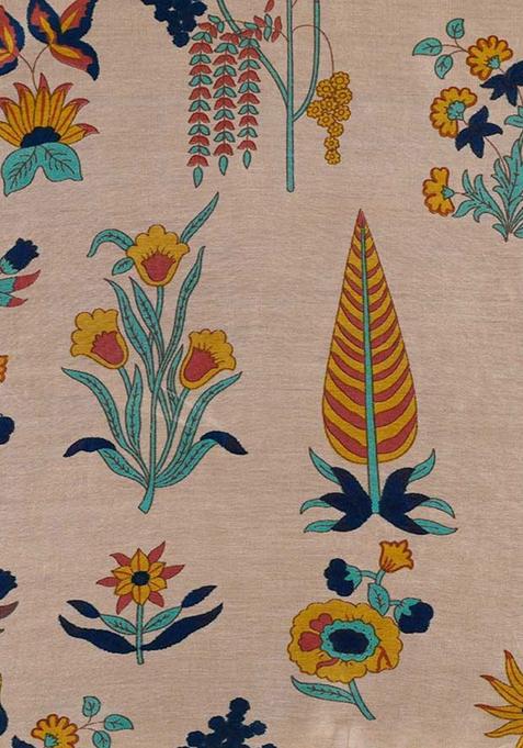 Beige Printed Chanderi Pre Draped Saree Set