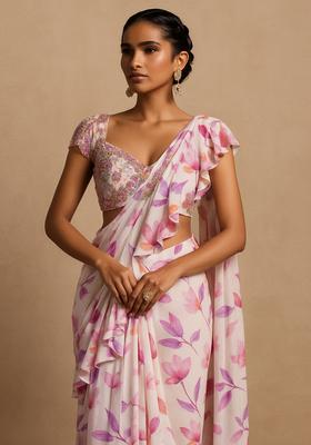 Pink Printed Polyester Pre Draped Saree Set