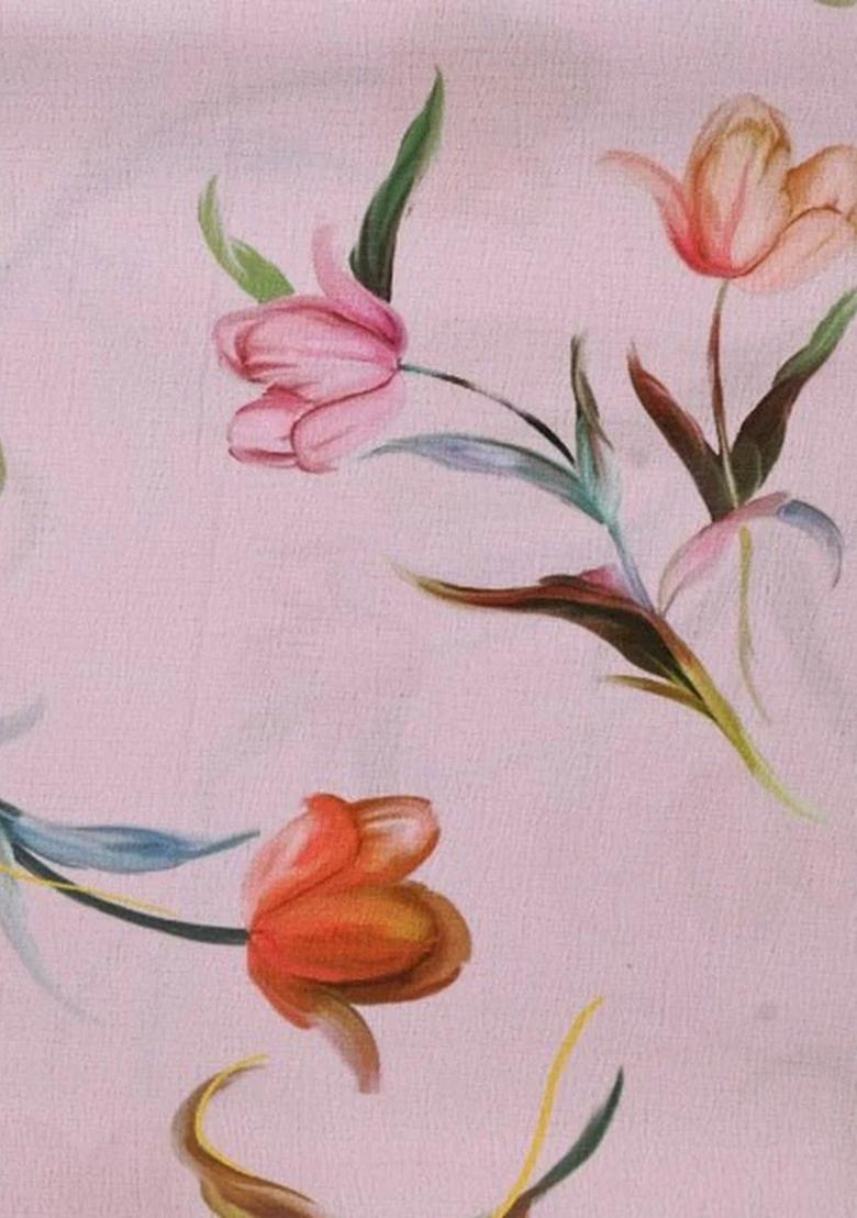 Pink Printed Pre Draped Saree Set