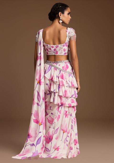 Pink Printed Pre Draped Saree Set