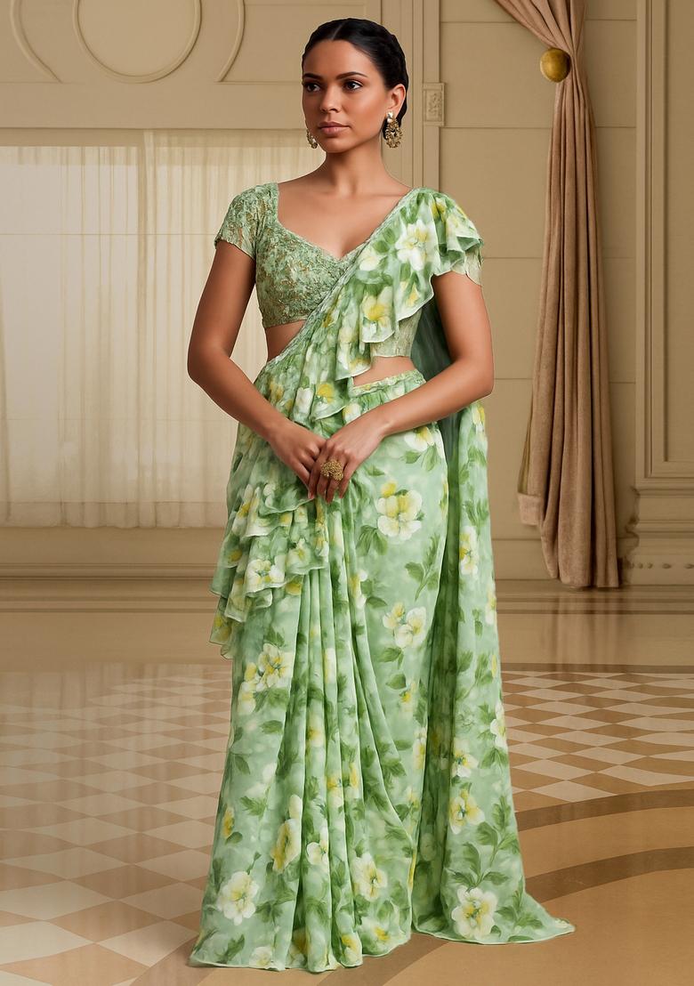 Sea Green Printed Pre Draped Saree Set