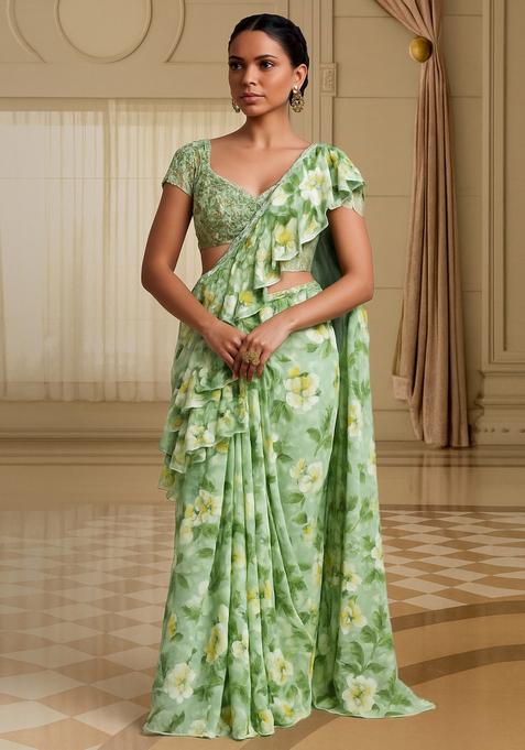 Sea Green Printed Pre Draped Saree Set