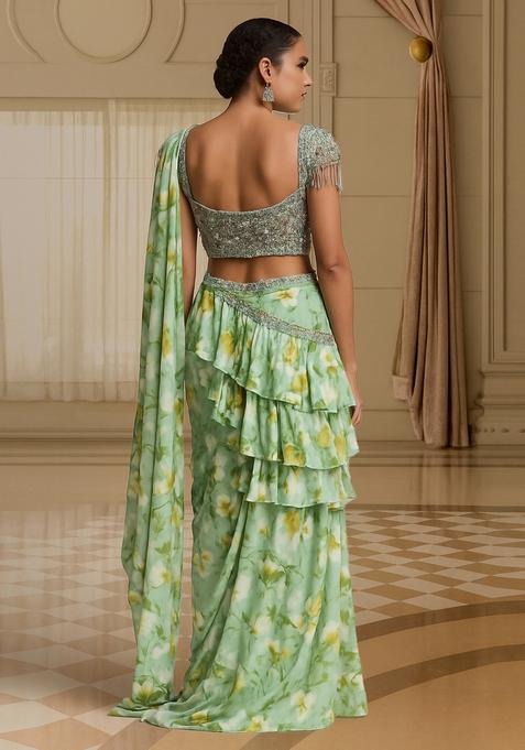 Sea Green Printed Pre Draped Saree Set
