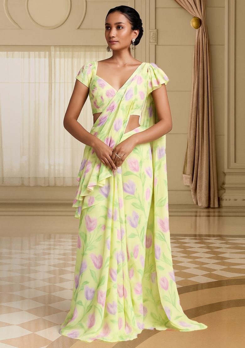Yellow Printed Satin Pre Draped Saree Set