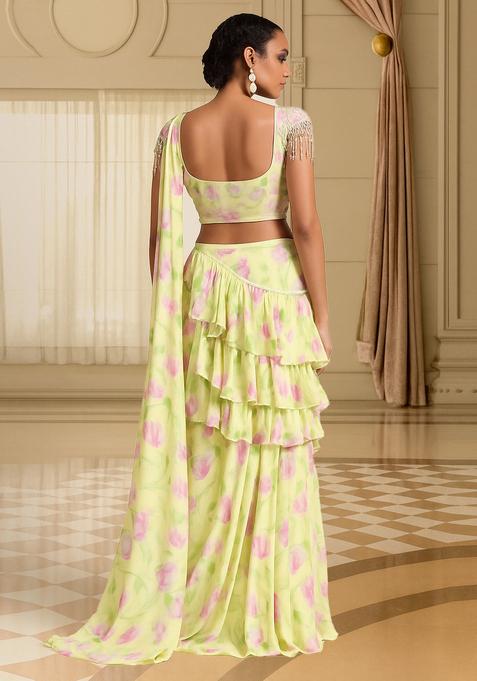 Yellow Printed Satin Pre Draped Saree Set