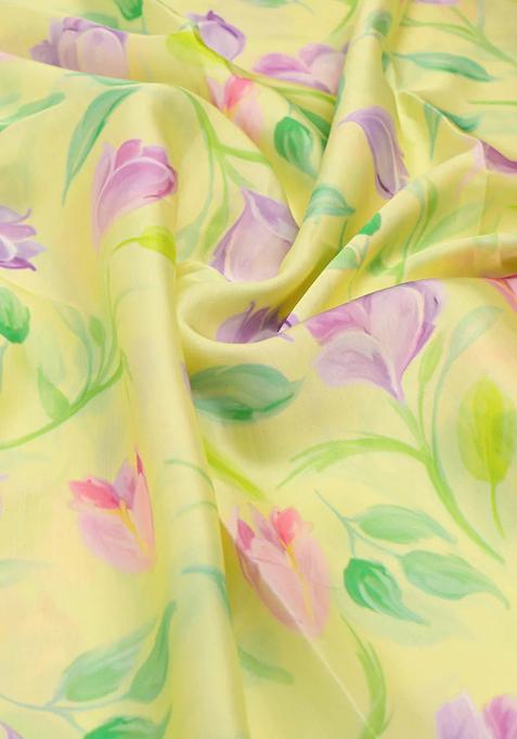 Yellow Printed Satin Pre Draped Saree Set