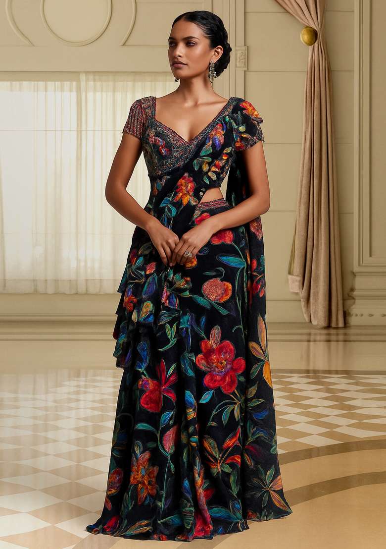 Black Embroidered Organza Pre Draped Saree Set - Indya