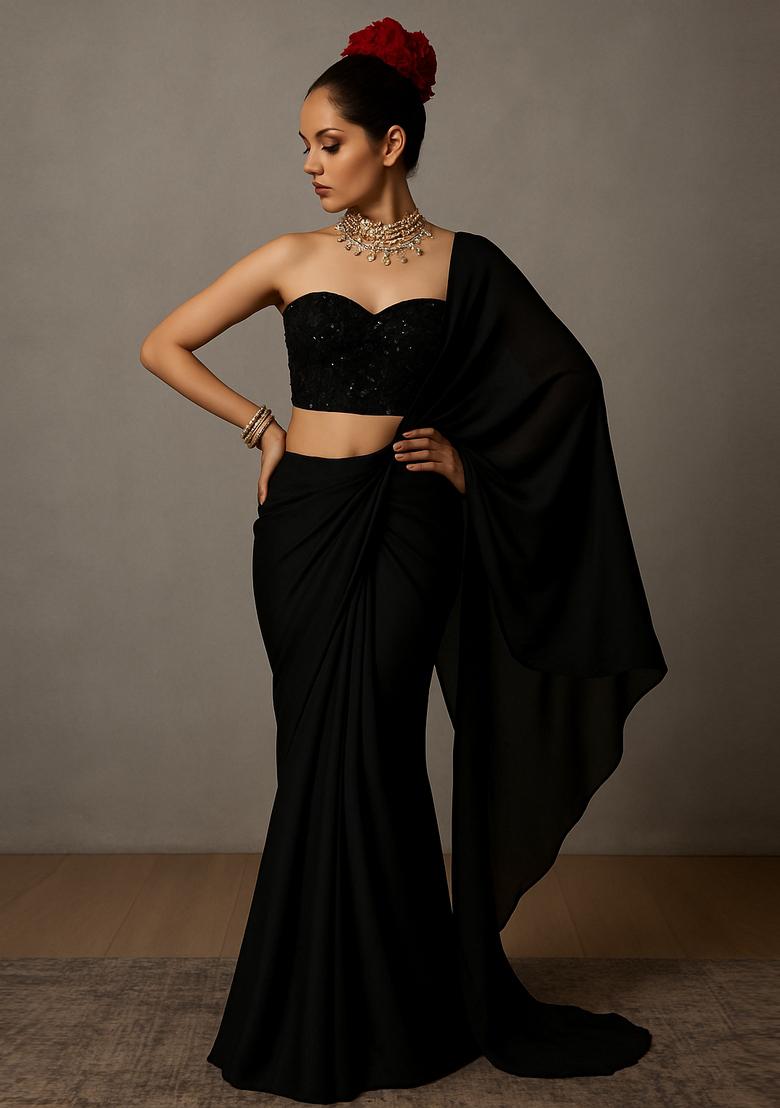Black Sequin Embroidered Blouse Georgette Pre Draped Saree Set