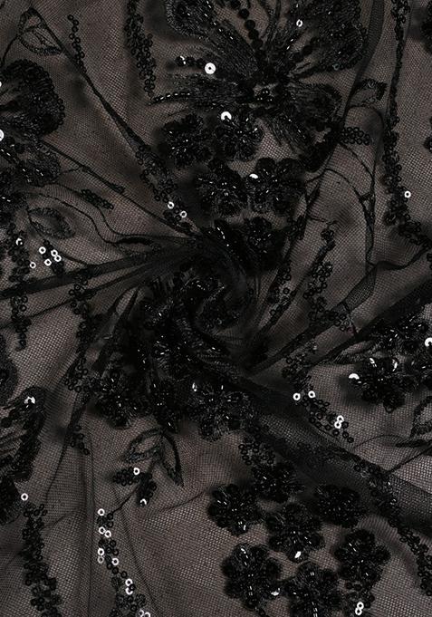 Black Sequin Embroidered Blouse Georgette Pre Draped Saree Set