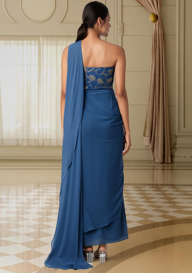 Blue Jacquard Blouse Georgette Pre Draped Saree Set