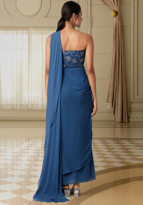 Blue Jacquard Blouse Georgette Pre Draped Saree Set