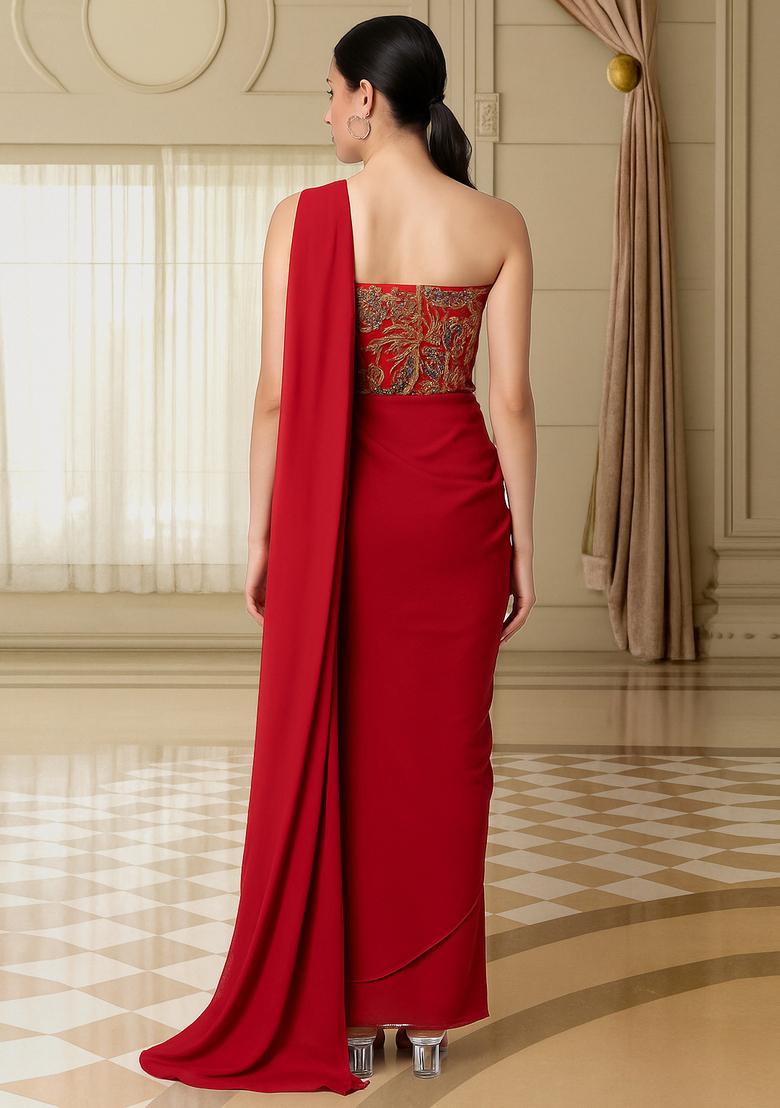 Red Embroidered Blouse Georgette Pre Draped Saree Set