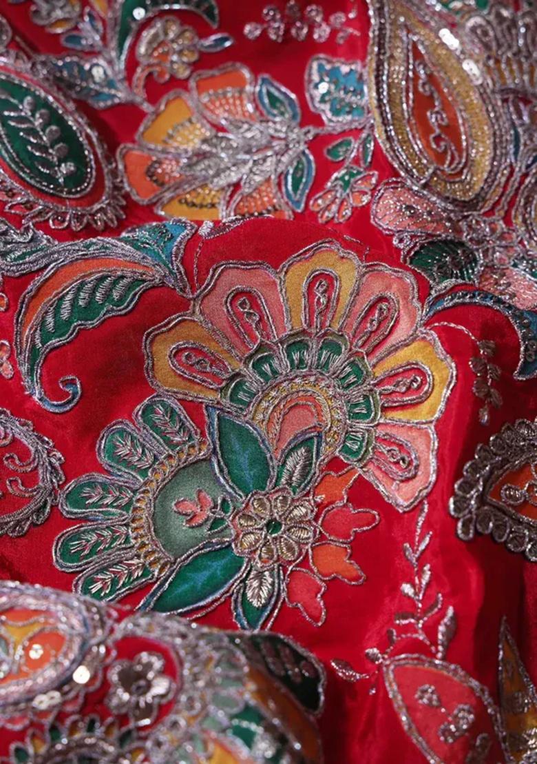 Red Embroidered Blouse Georgette Pre Draped Saree Set