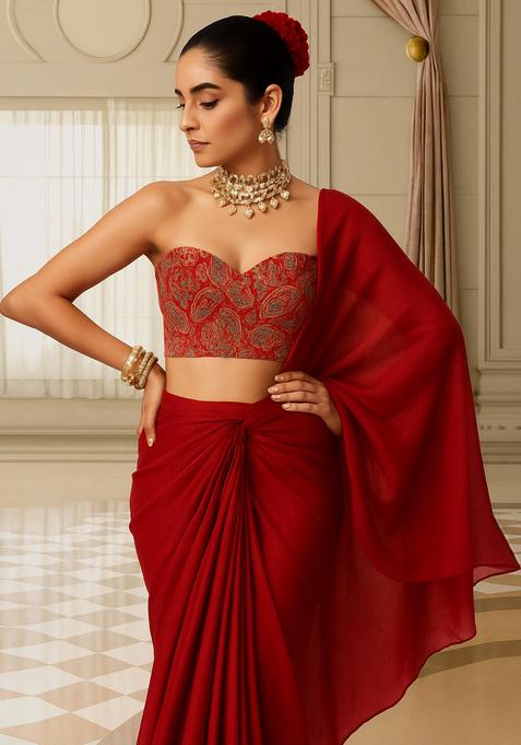Red Embroidered Blouse Georgette Pre Draped Saree Set
