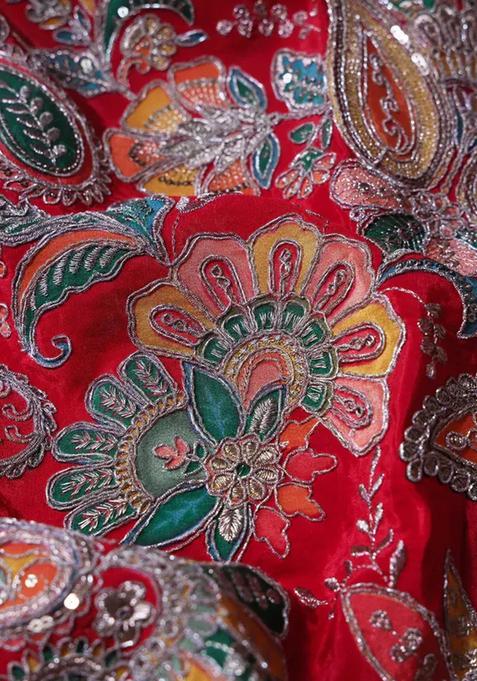 Red Embroidered Blouse Georgette Pre Draped Saree Set