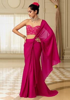 Pink Embroidered Blouse Georgette Pre Draped Saree Set
