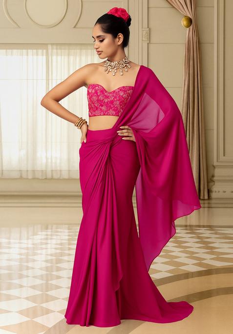 Pink Embroidered Blouse Georgette Pre Draped Saree Set
