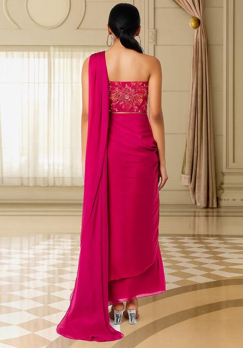 Pink Embroidered Blouse Georgette Pre Draped Saree Set