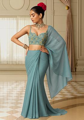 Sea Green Embroidered Blouse Georgette Pre Draped Saree Set
