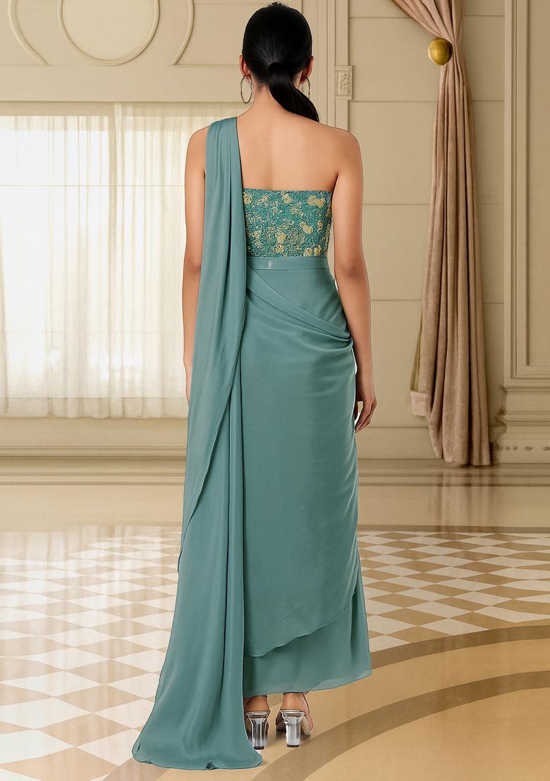 Sea Green Embroidered Blouse Georgette Pre Draped Saree Set