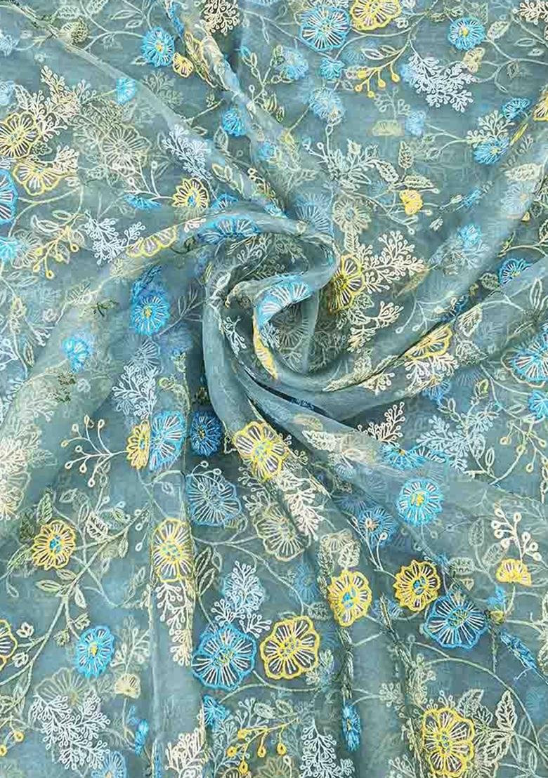 Sea Green Embroidered Blouse Georgette Pre Draped Saree Set