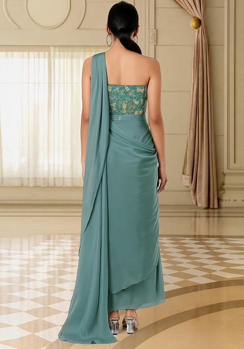 Sea Green Embroidered Blouse Georgette Pre Draped Saree Set