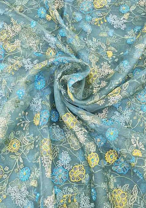 Sea Green Embroidered Blouse Georgette Pre Draped Saree Set