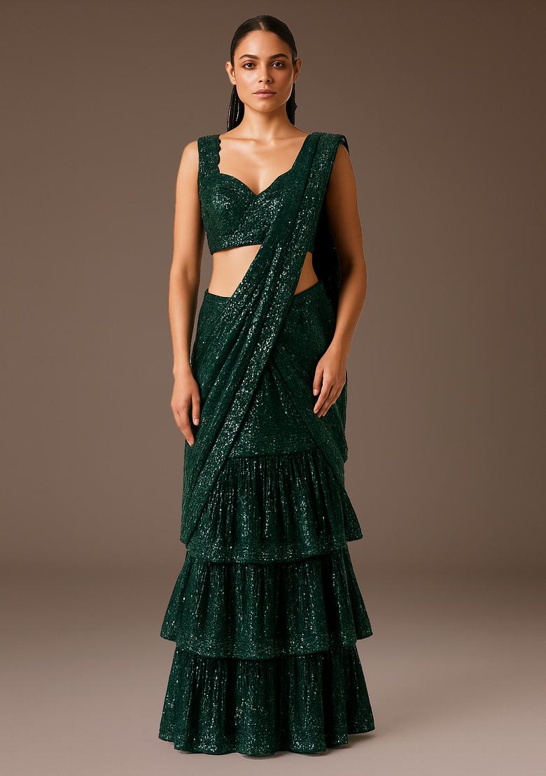 Green Sequin Embellished Net Pre Draped Saree Set