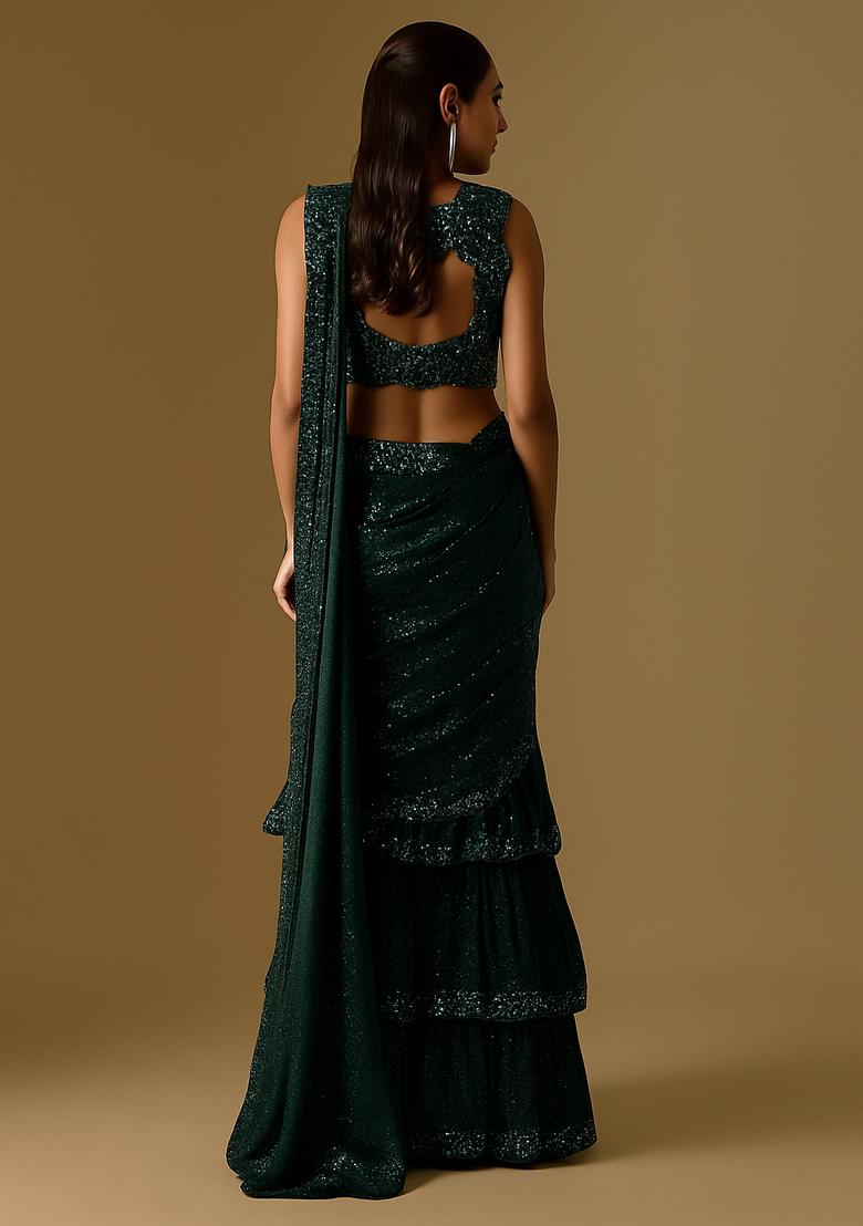 Green Sequin Embellished Net Pre Draped Saree Set