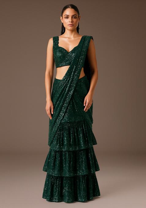 Green Sequin Embellished Net Pre Draped Saree Set