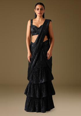Black Sequin Embellished Net Pre Draped Saree Set