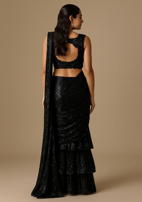 Black Sequin Embellished Net Pre Draped Saree Set