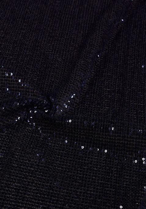 Black Sequin Embellished Net Pre Draped Saree Set