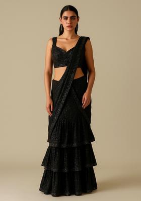 Black Sequin Embellished Georgette Pre Draped Saree Set