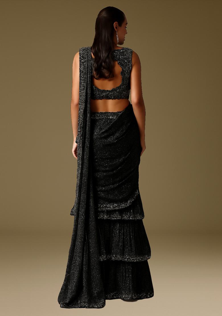 Black Sequin Embellished Georgette Pre Draped Saree Set - Indya