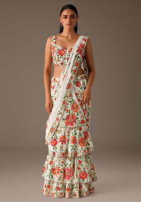 Beige Embroidered Organza Pre Draped Saree Set