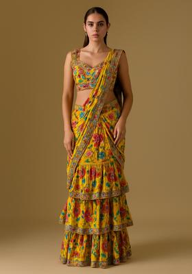 Yellow Embroidered Organza Pre Draped Saree Set