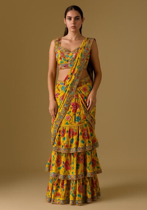Yellow Embroidered Organza Pre Draped Saree Set