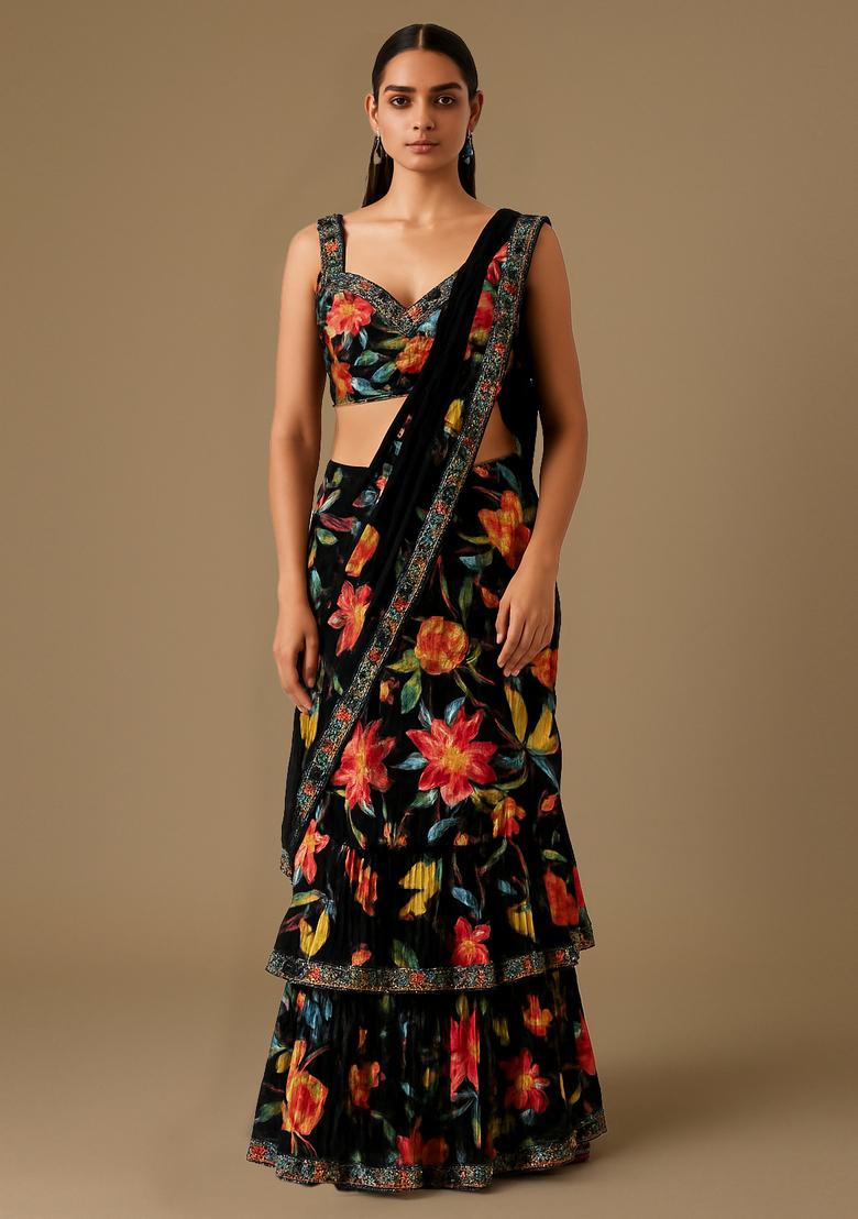 Black Embroidered Organza Pre Draped Saree Set