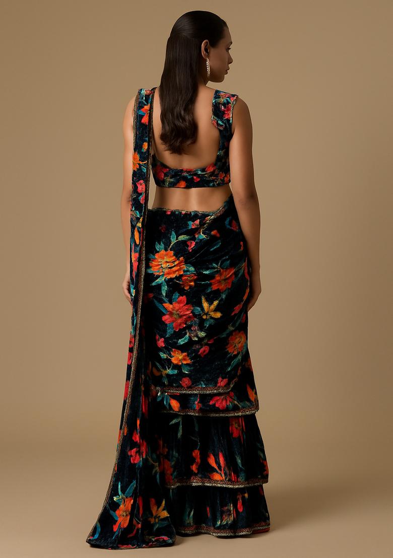 Black Embroidered Organza Pre Draped Saree Set