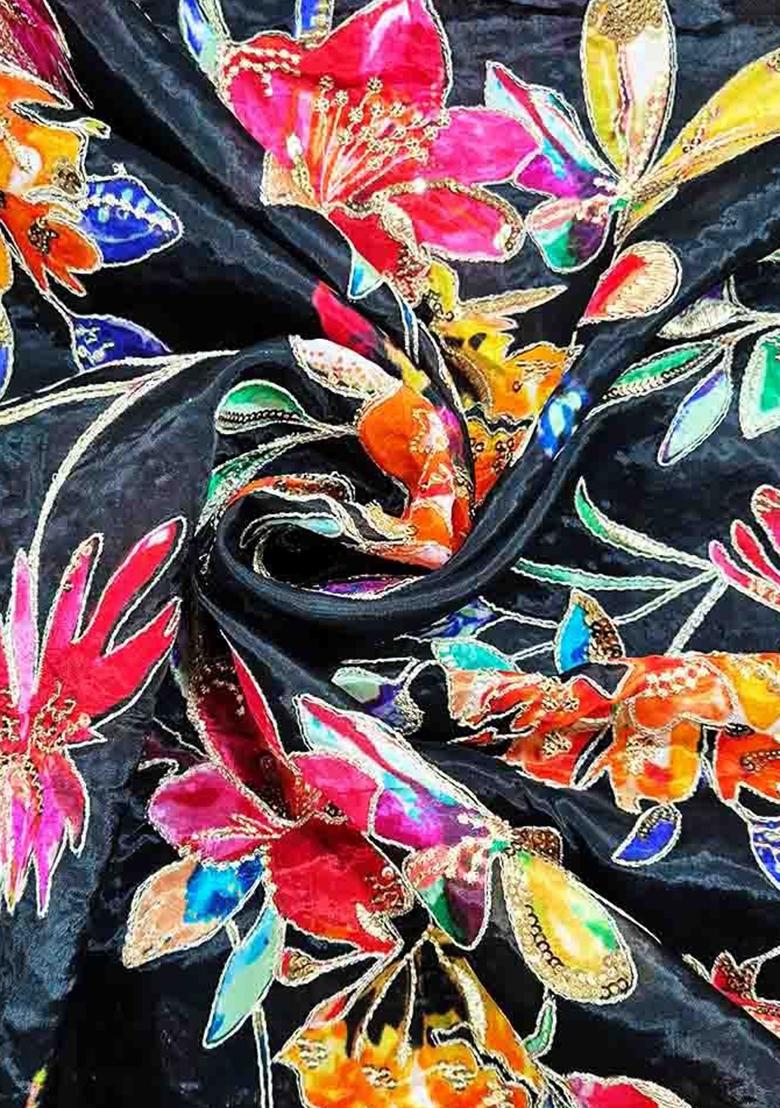 Black Embroidered Organza Pre Draped Saree Set