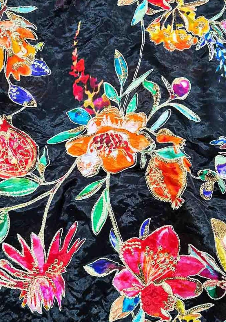 Black Embroidered Organza Pre Draped Saree Set