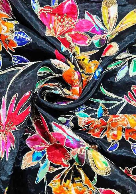 Black Embroidered Organza Pre Draped Saree Set