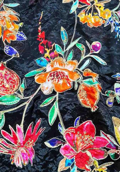 Black Embroidered Organza Pre Draped Saree Set