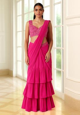 Pink Embroidered Georgette Pre Draped Saree Set